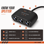 5-Socket Car Splitter with USB-C & USB-A