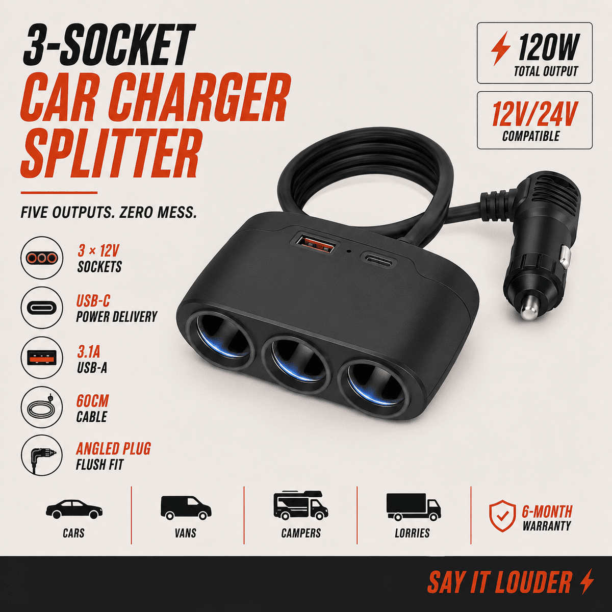 5-Socket Car Splitter with USB-C & USB-A
