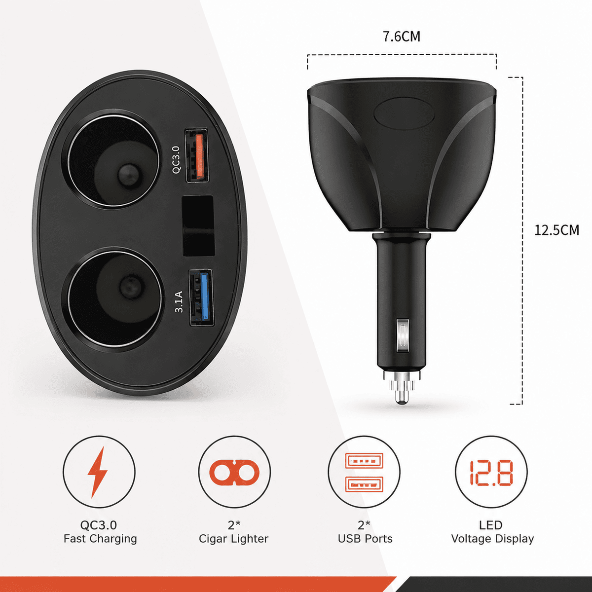 4-Way Car Socket Splitter & USB Charger
