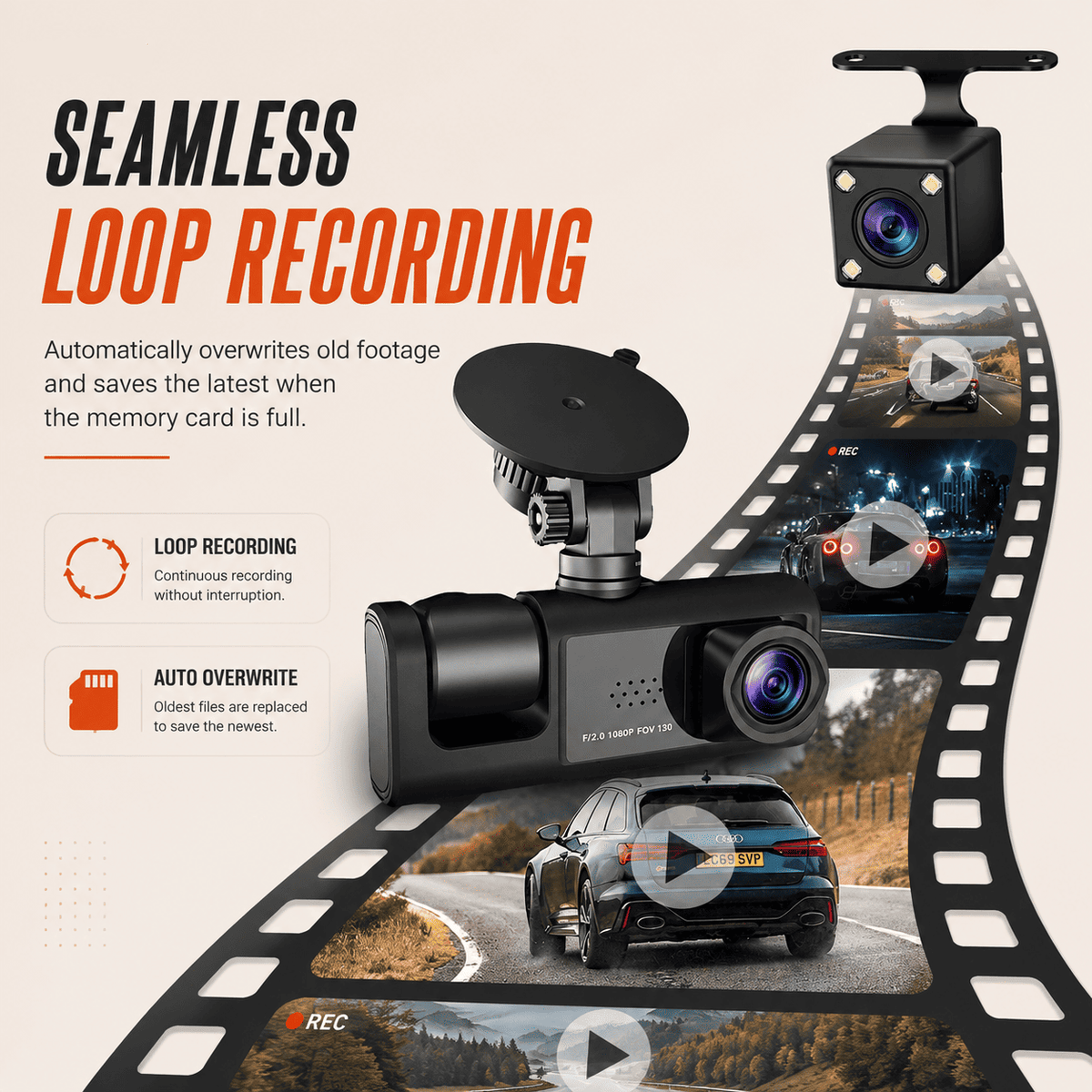 3-Channel Dash Cam — Front, Cabin & Rear