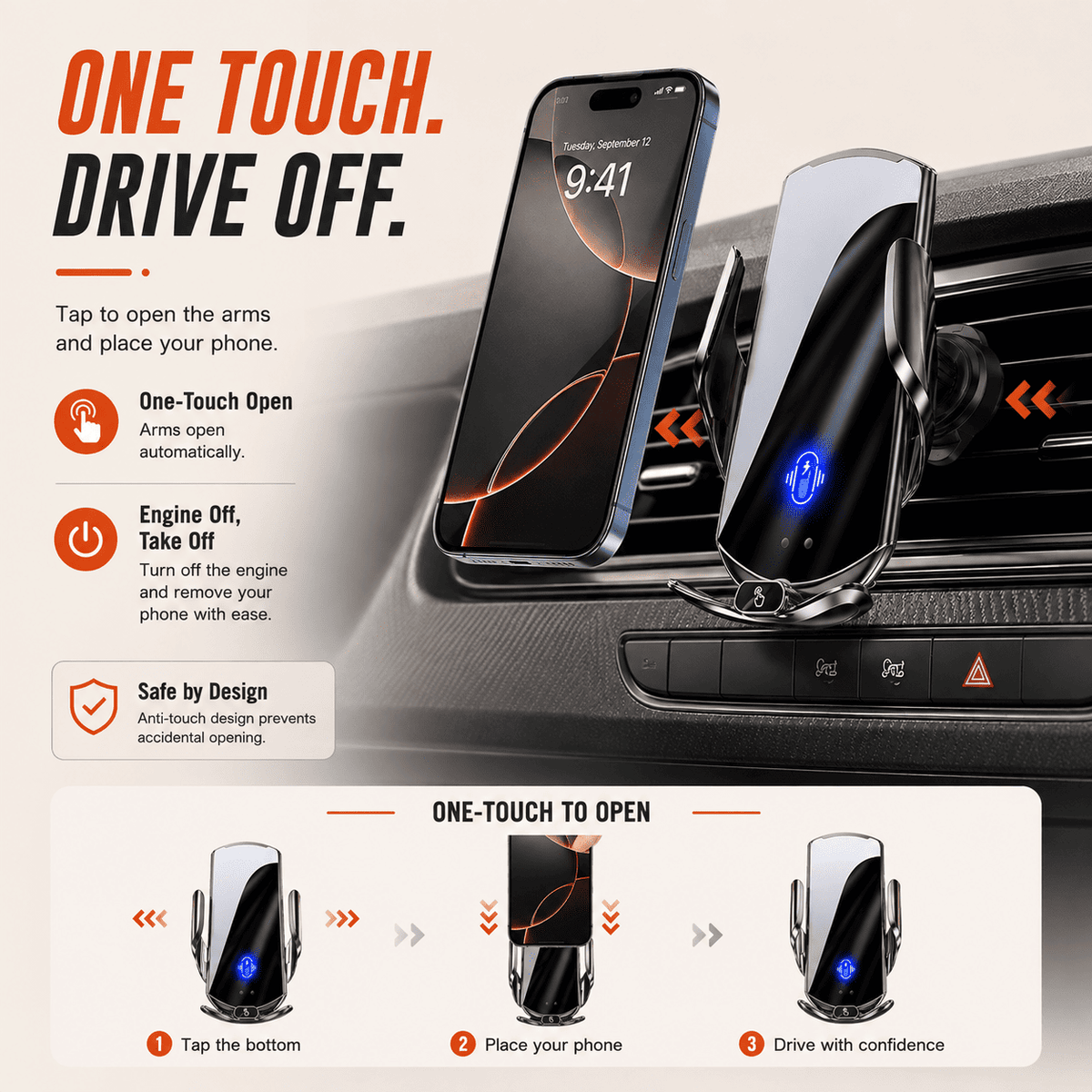 Auto-Clamping Car Phone Holder & Charger