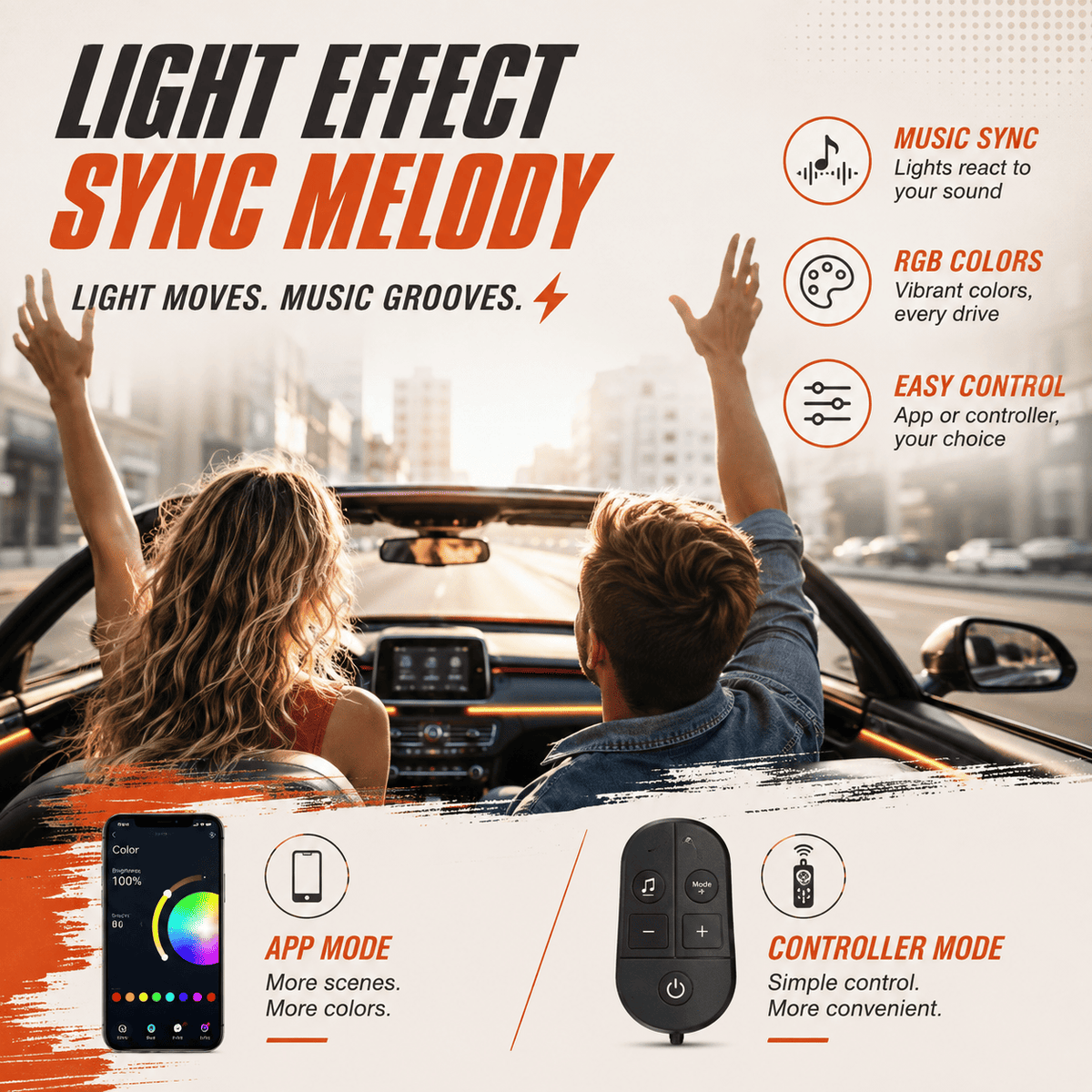 Car Interior LED Light Bars — App Controlled & Music Sync