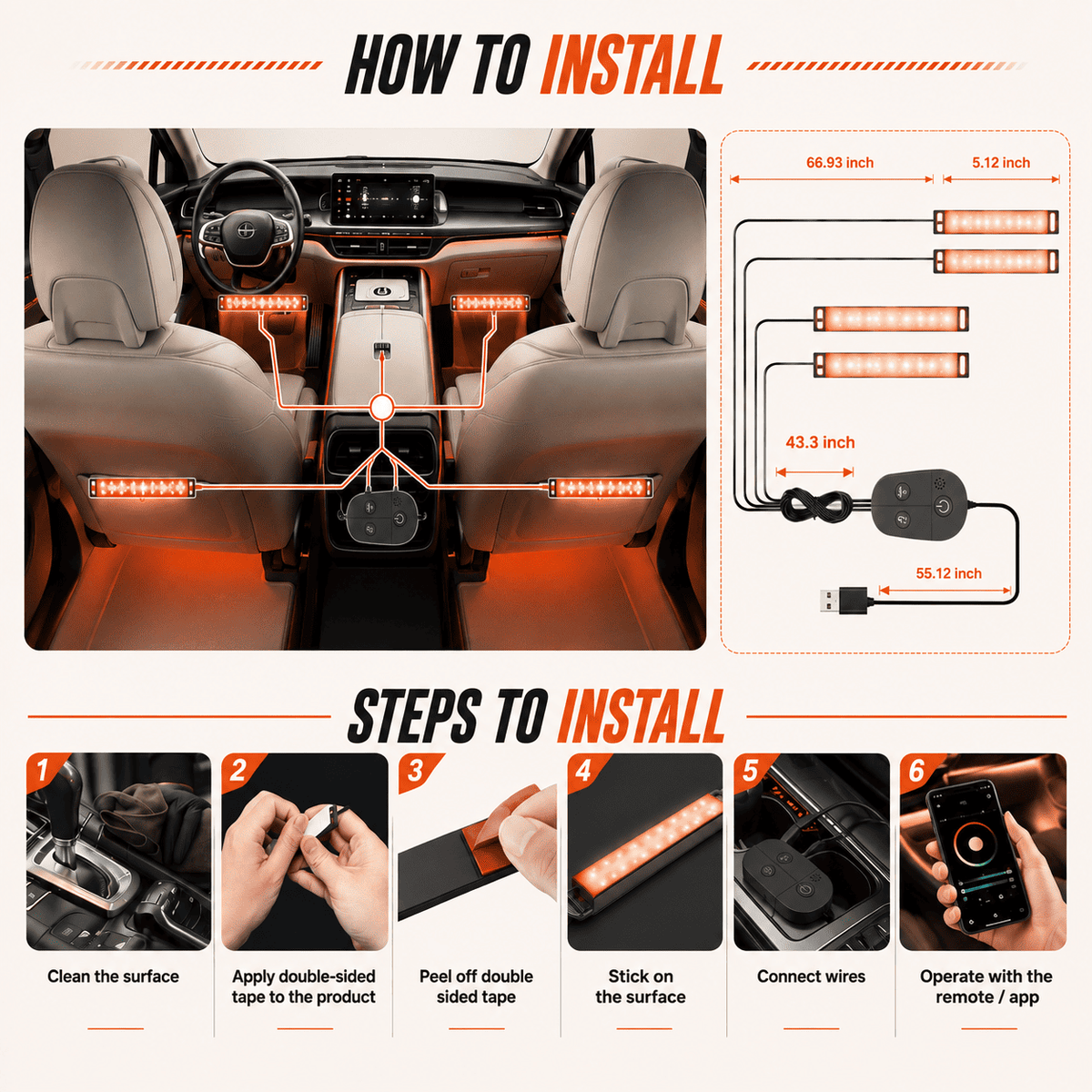 Car Interior LED Light Bars — App Controlled & Music Sync