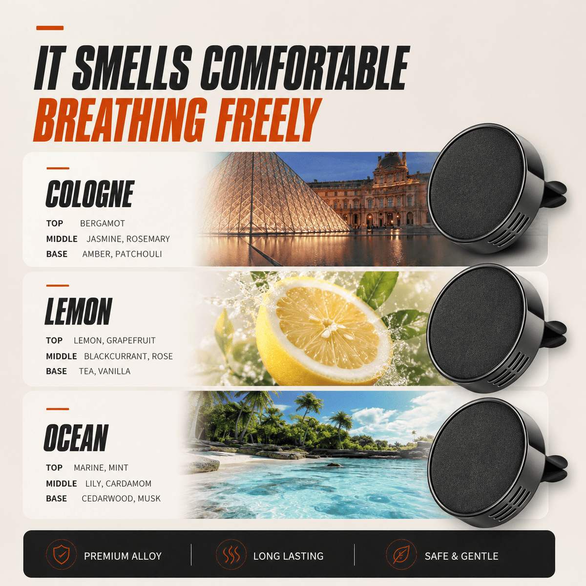Metal Car Air Freshener Vent Clip — 3 Scents